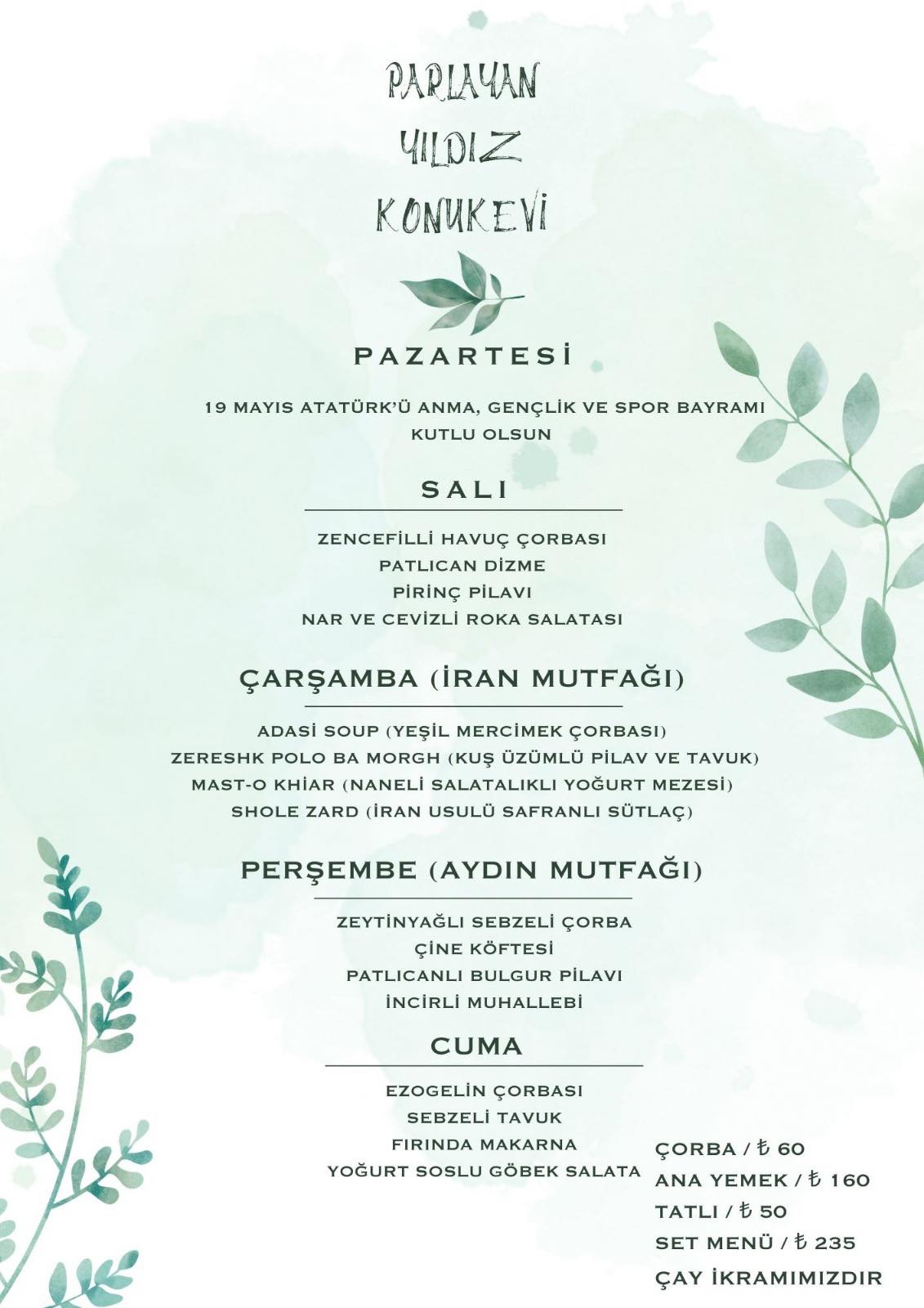 Parlayan Yıldız Konukevi Menüsü (19-23 Mayıs)